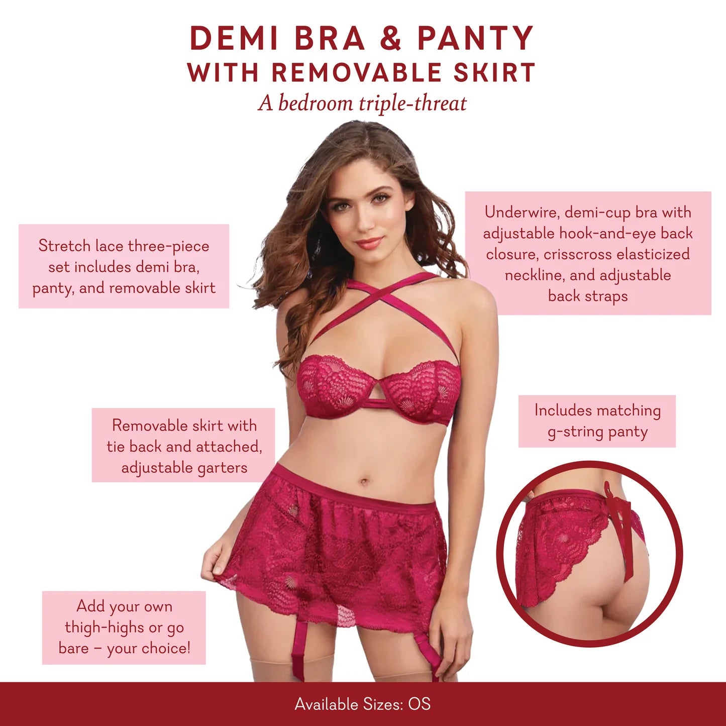 Demi Bra & Panty with Removable Skirt ~ One Size (fits 0-12)